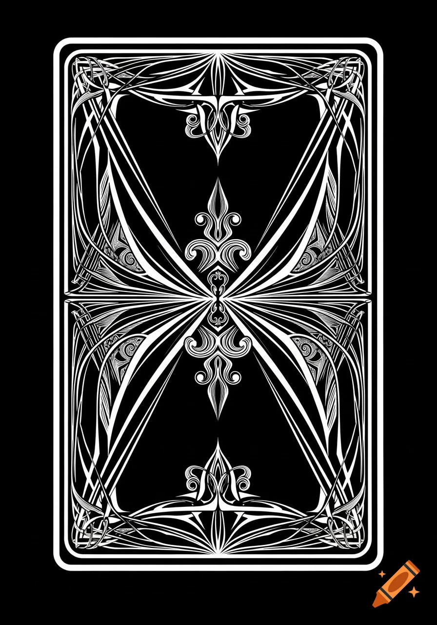 Ornate white symmetrical design on a black playing card back.
