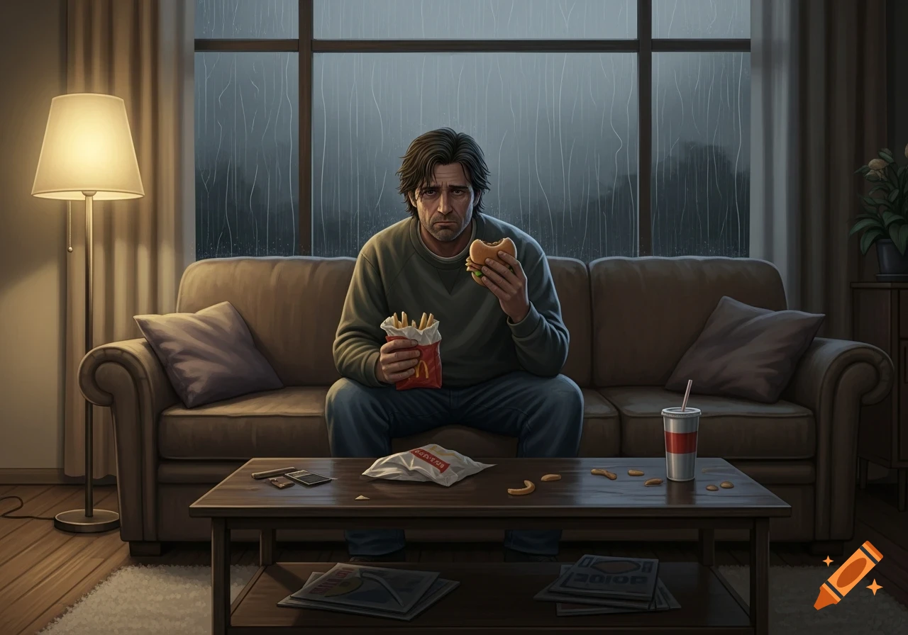 An illustration of a sad man in a green sweater and jeans sitting on a brown couch, eating a hamburger and fries while it rains outside a large window.