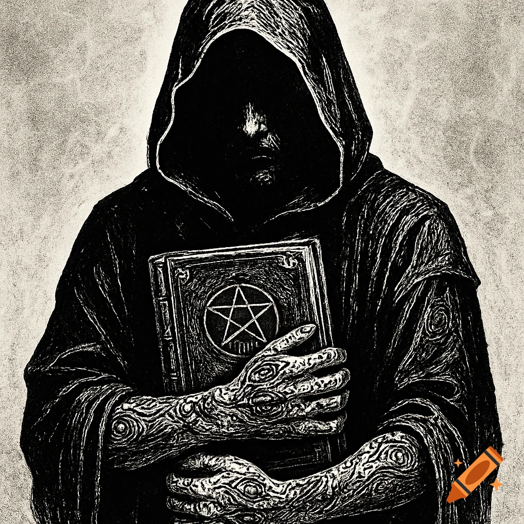 A dark, hooded figure in an engraving style holds an ancient book with a pentagram symbol, surrounded by a mysterious aura.