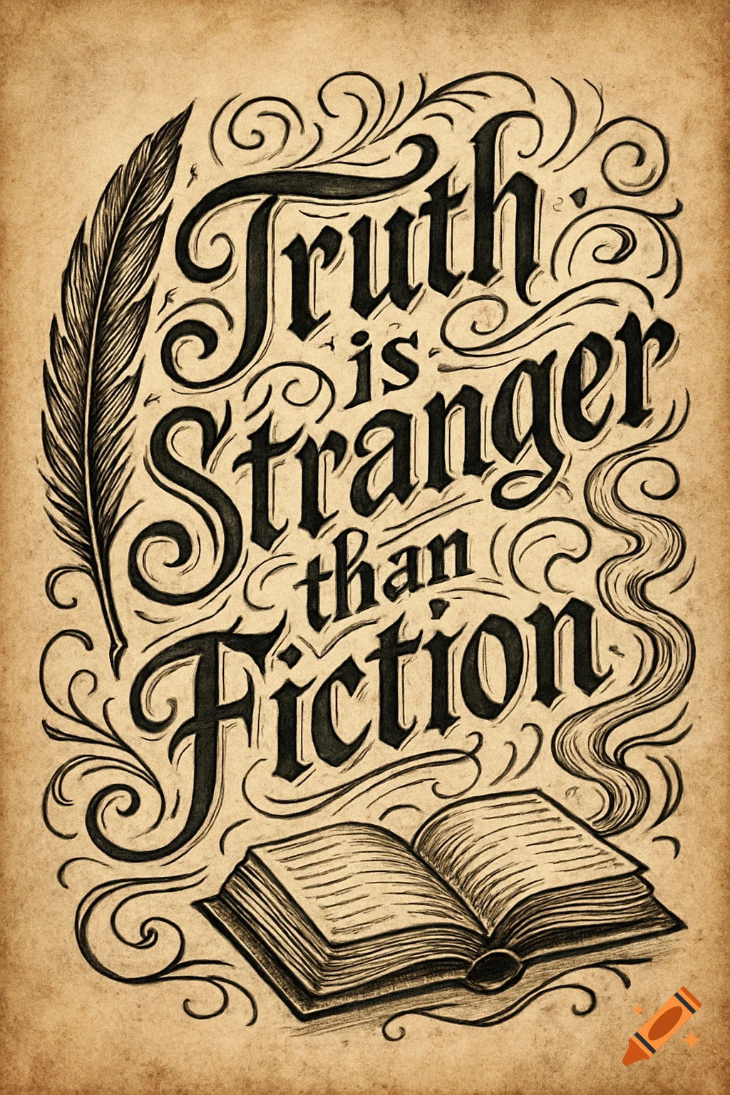 Calligraphic text 'Truth is Stranger than Fiction' on a vintage parchment, with a quill and an open book.