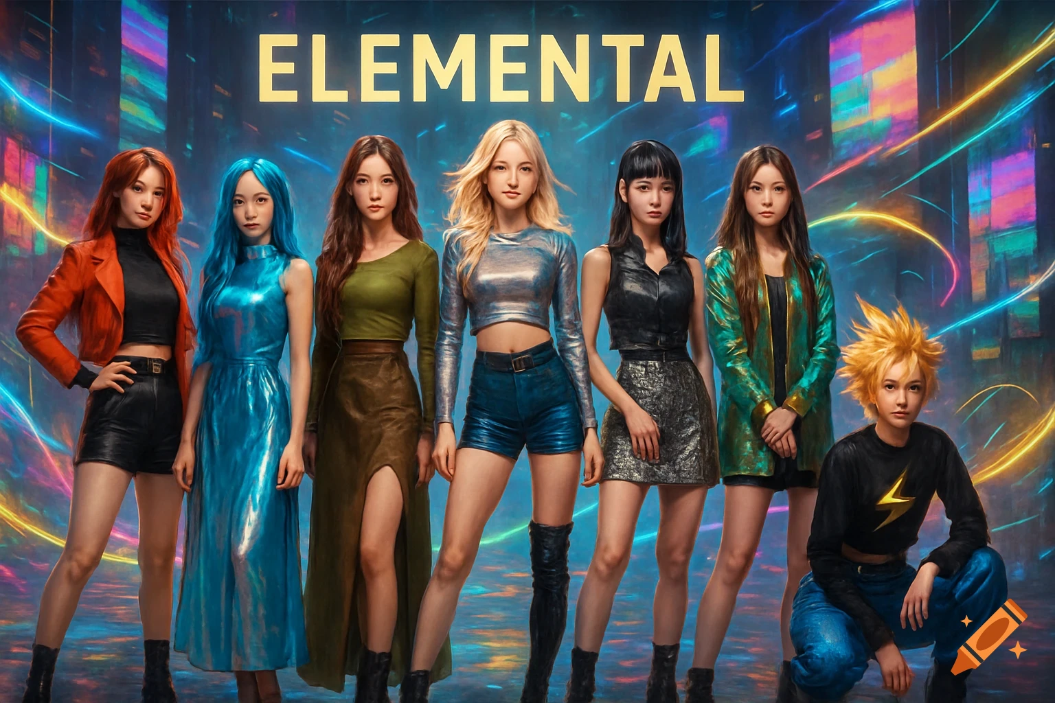 Seven women posing in various fashionable outfits against a dynamic, neon-lit cityscape background. The word "ELEMENTAL" is at the top.