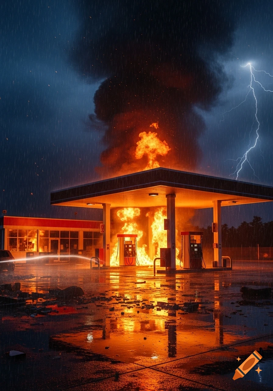 Photorealistic image of a gas station on fire during a heavy rainstorm with lightning.