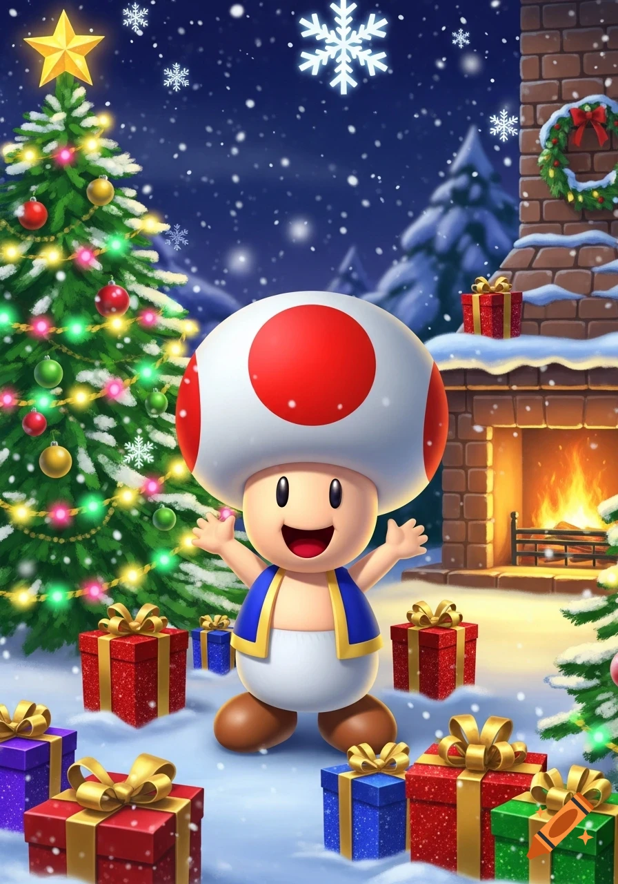 Happy Toad from Mario stands in a snowy Christmas scene with a decorated tree, fireplace, and many presents, arms raised in greeting.