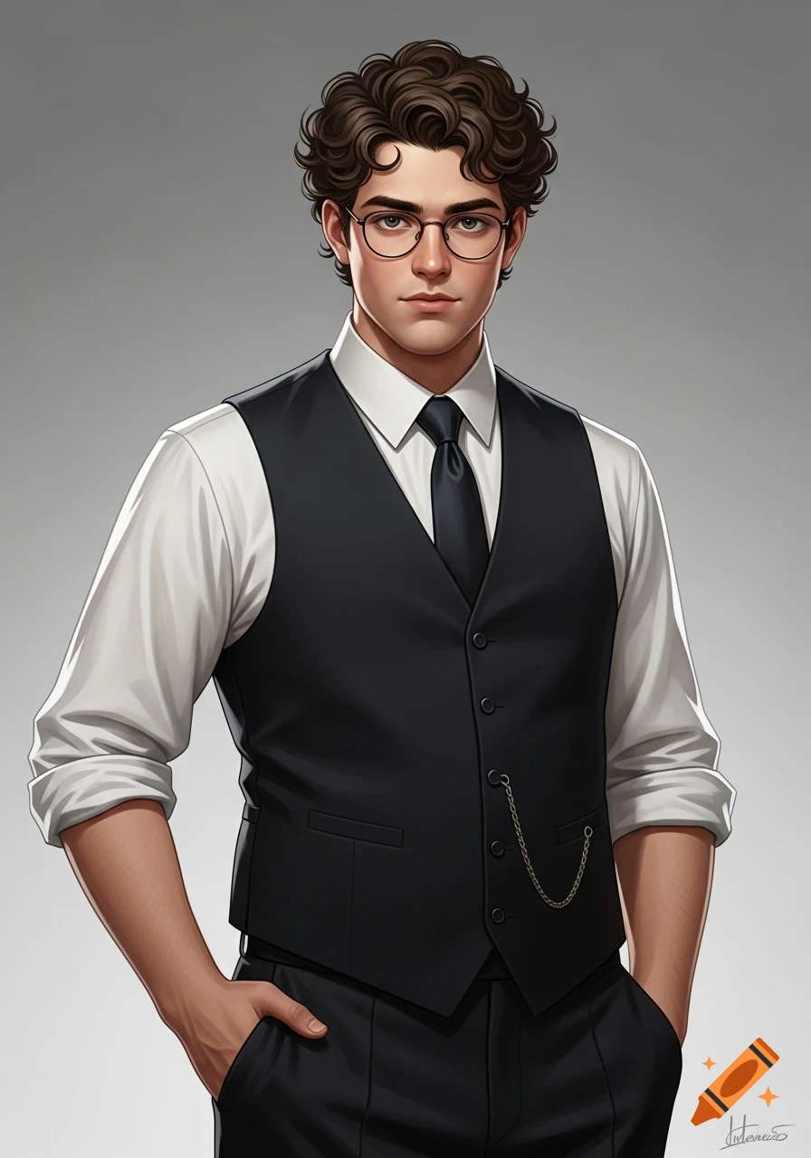 A stylish anime-style portrait of a young man with curly brown hair and glasses, wearing a white shirt, black tie, and black vest.