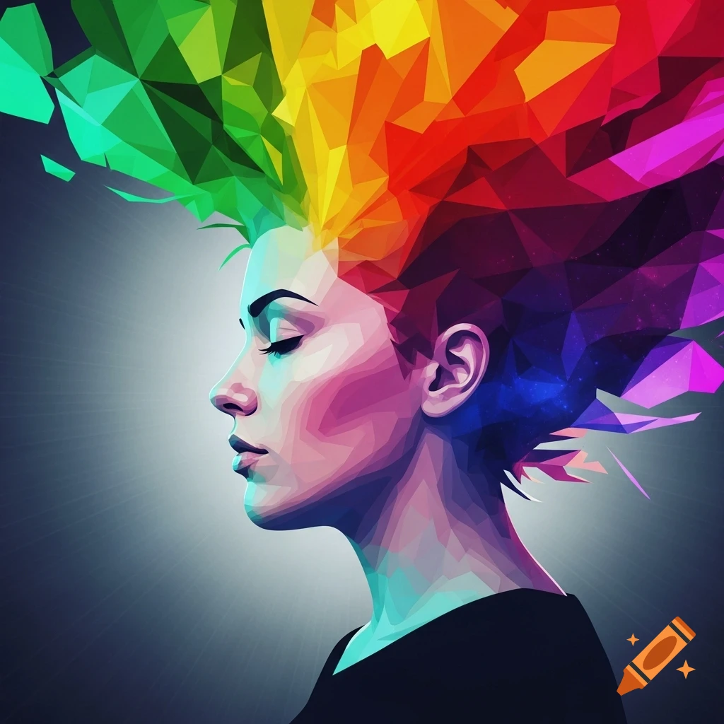 Stylized profile of a person's head with eyes closed and vibrant, geometric rainbow-colored hair against a glowing background.