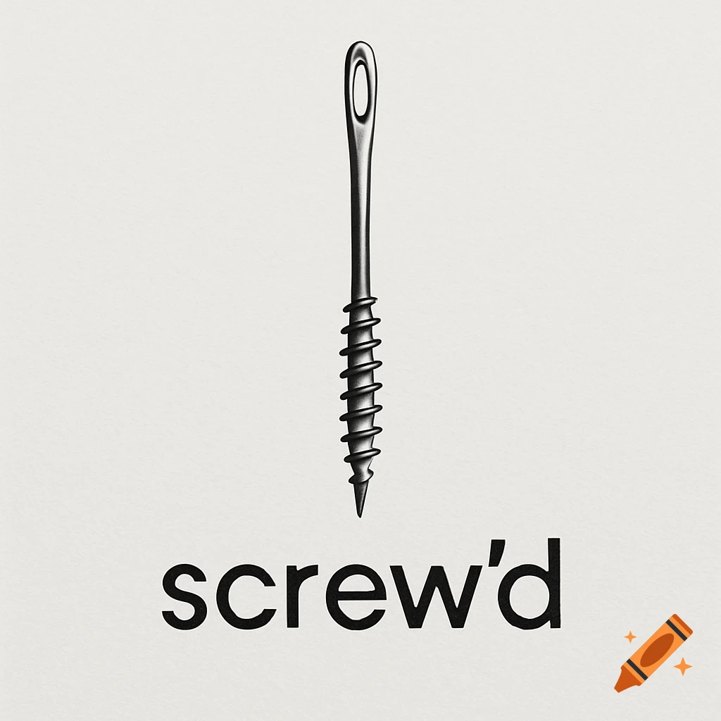 An illustration of a sewing needle with a screw thread, above the word 'screw'd' on a light background.