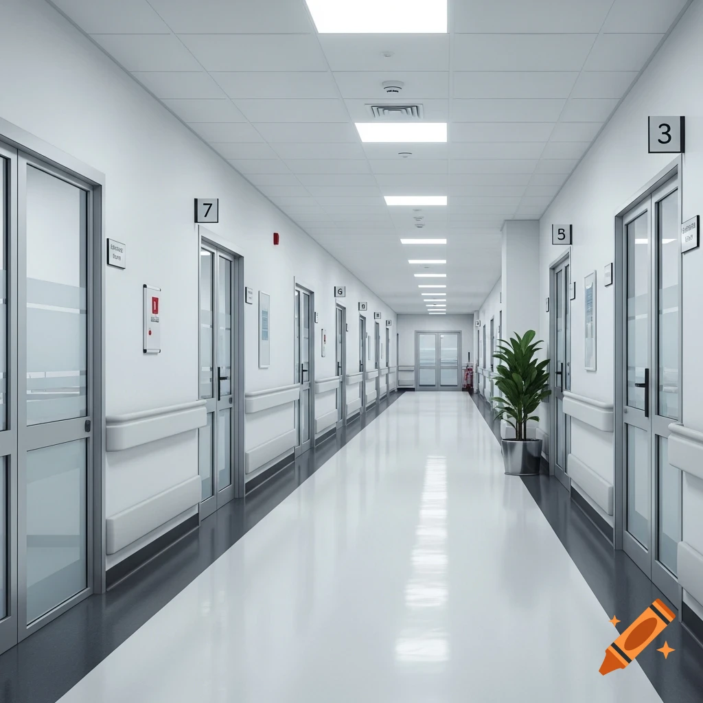 A long, brightly lit hospital hallway with numerous doors on both sides, a shiny floor, and a green potted plant.