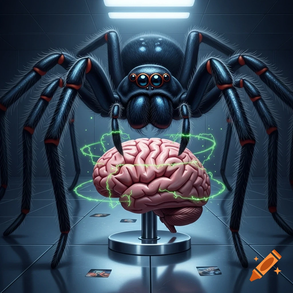 A large black spider with red markings crawls over a glowing human brain on a pedestal in a futuristic lab.