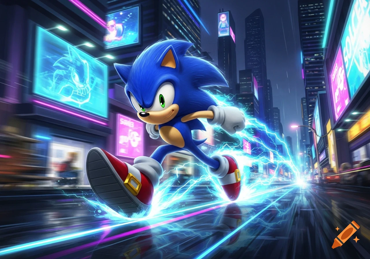 Sonic the Hedgehog runs through a neon-lit futuristic city street at high speed, leaving a trail of blue electricity.