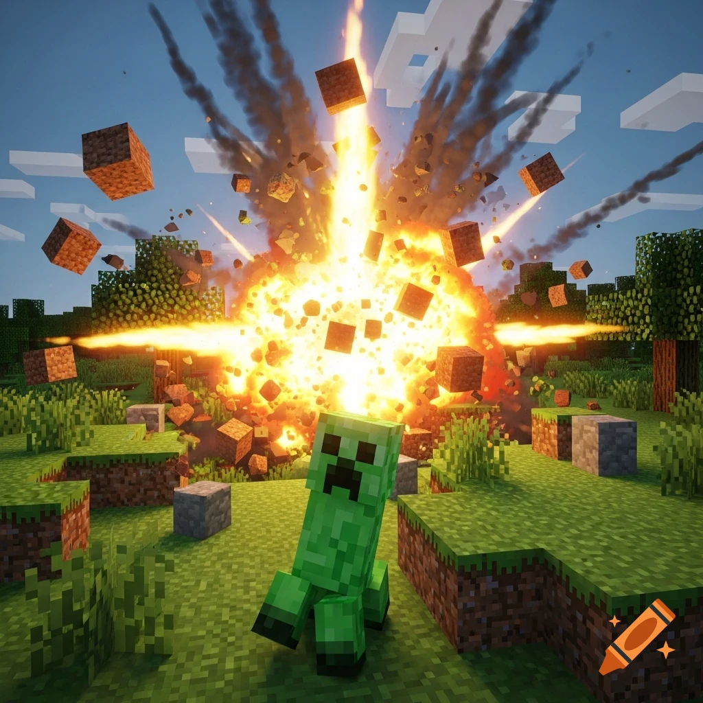 A Minecraft creeper sits in the foreground as a large explosion erupts behind it, sending dirt blocks and smoke into the air.
