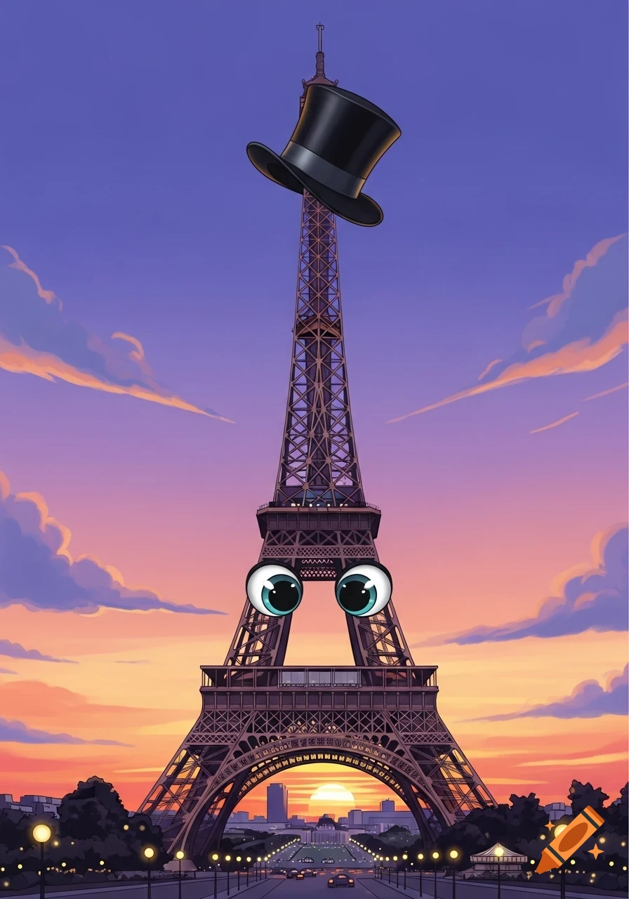 Illustrated Eiffel Tower with large googly eyes and a top hat, set against a vibrant sunset sky over a Parisian street.