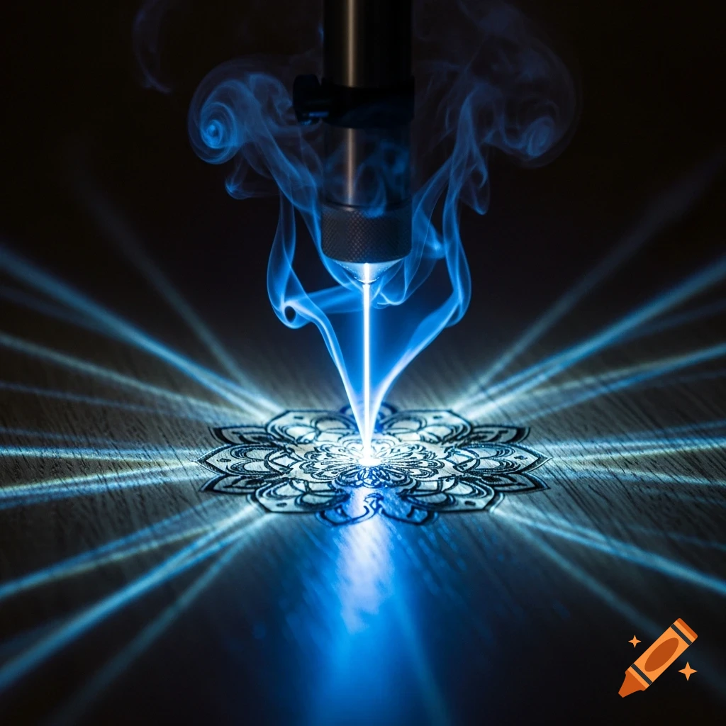 A laser engraving machine creates a detailed mandala pattern with a glowing blue beam, surrounded by blue smoke in a dark setting.