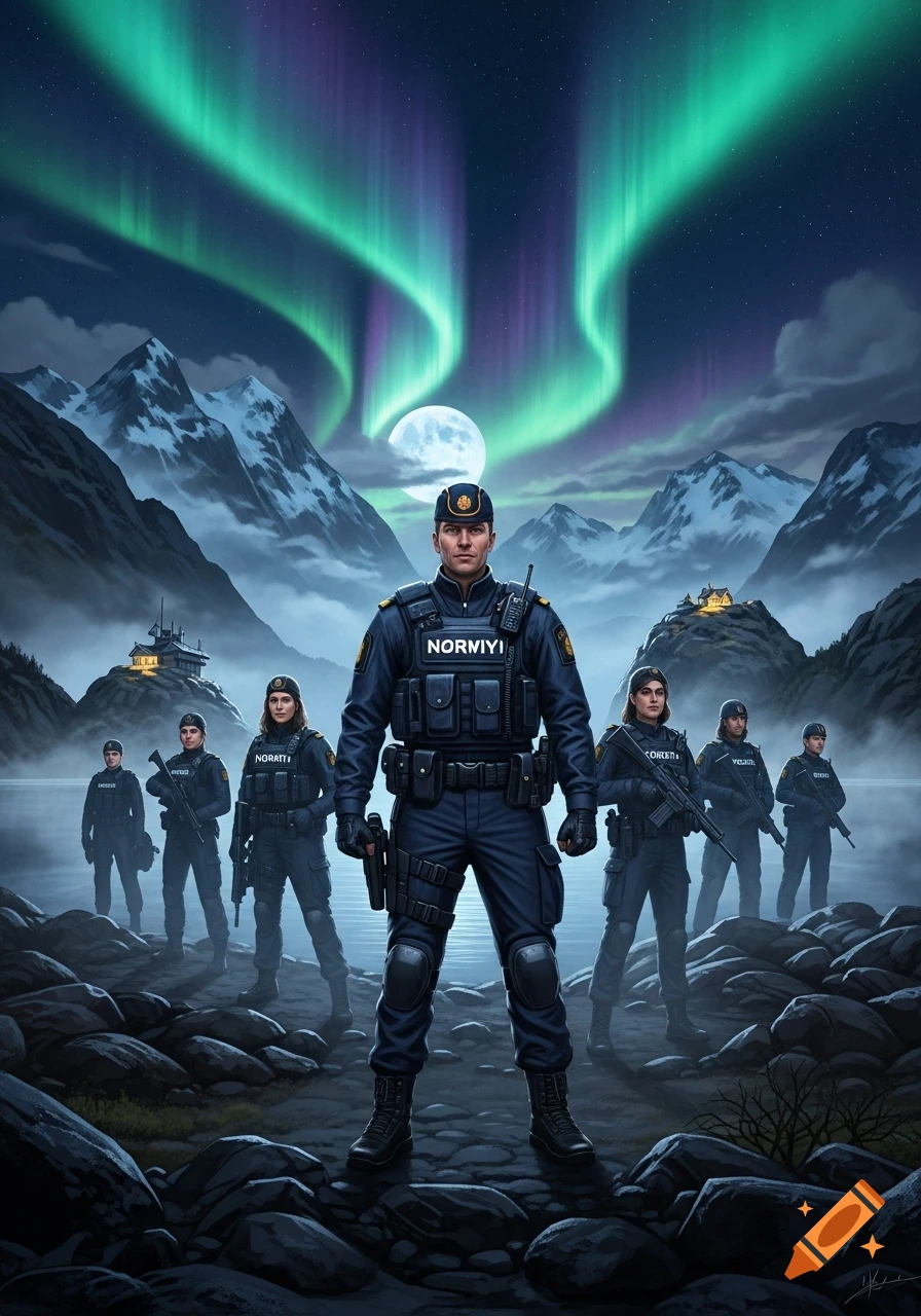 A group of security personnel in tactical gear stand by a dark lake in a mountainous landscape under the green and purple Northern Lights.