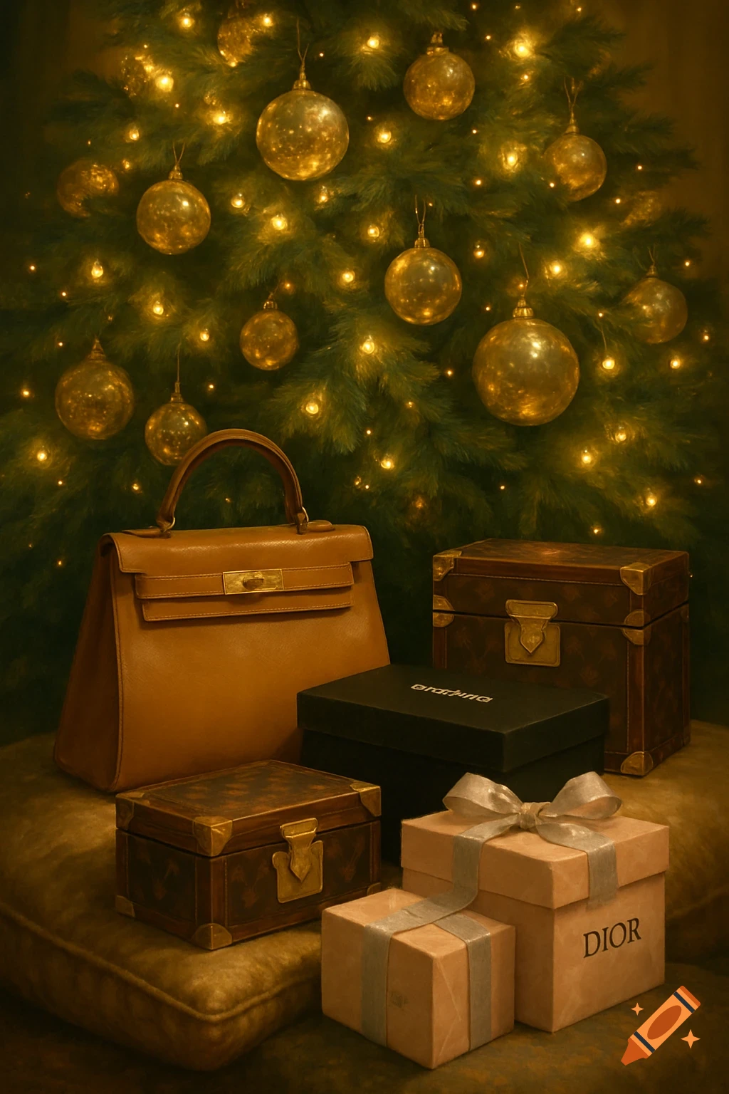 A tan luxury handbag, decorative trunks, and various gift boxes, including one labeled DIOR, sit under a warmly lit Christmas tree.