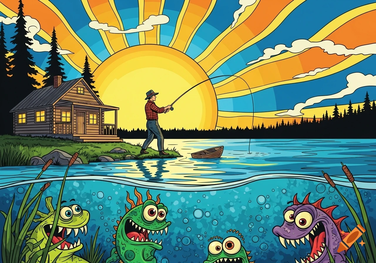 A man fishes by a cabin on a lake under a bright sun, while colorful cartoon monsters lurk beneath the water in a pop art style.