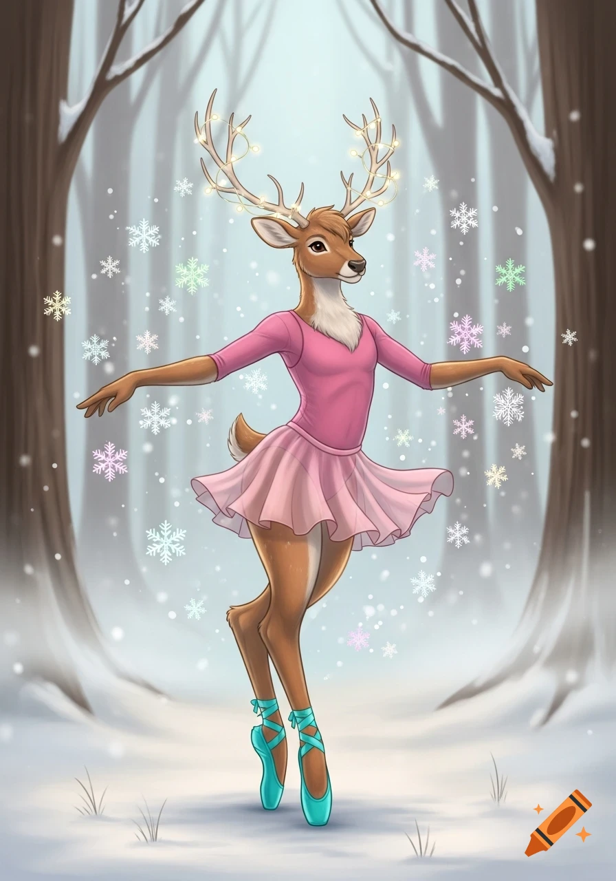 An anthropomorphic reindeer in a pink ballet outfit and cyan slippers dances on pointe in a snowy forest with illuminated antlers.