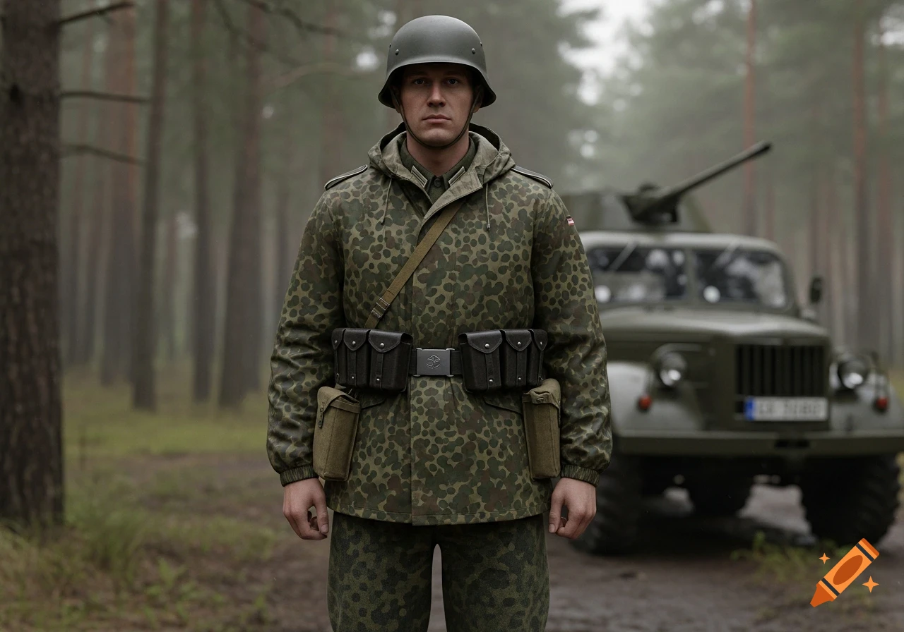 A male soldier in a German 'Strichtarn' camouflage uniform and helmet stands in a forest with a military vehicle behind him.