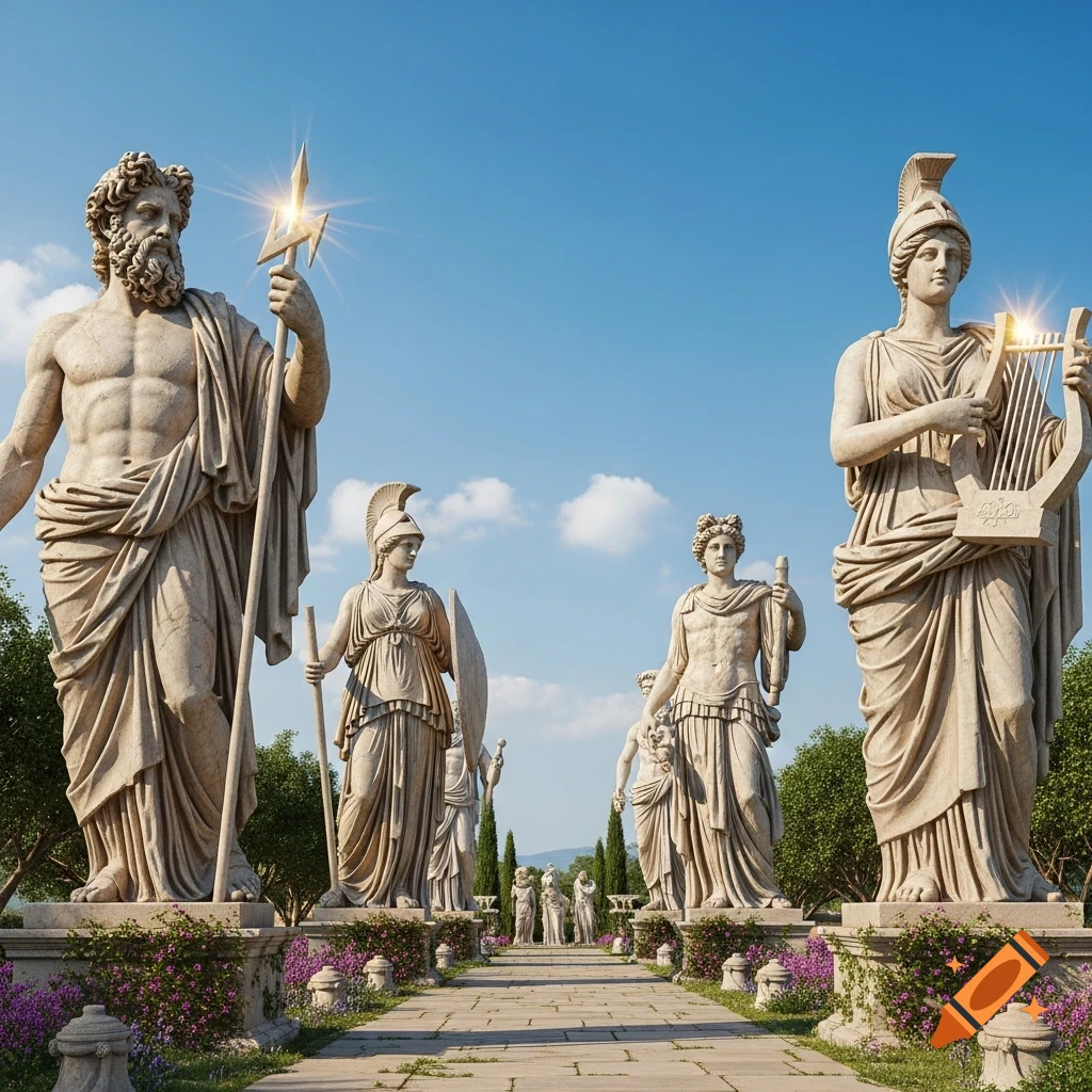 Photorealistic marble statues of Greek gods and goddesses, including Zeus and Athena, line a sunlit garden path.