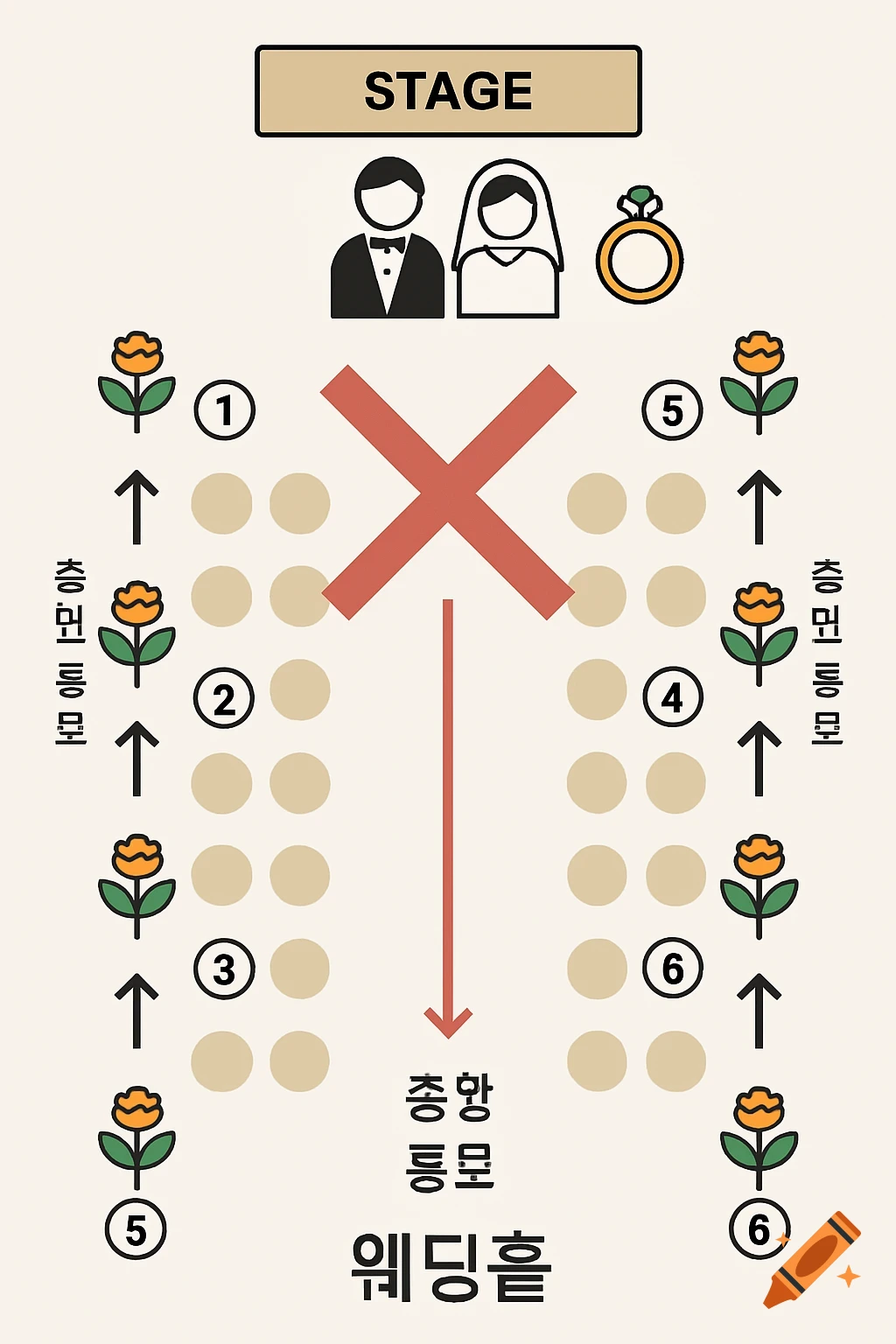 Top-down infographic of a wedding hall floor plan with a stage, bride and groom icons, guest seating, and aisles, including a central aisle marked with a red X.