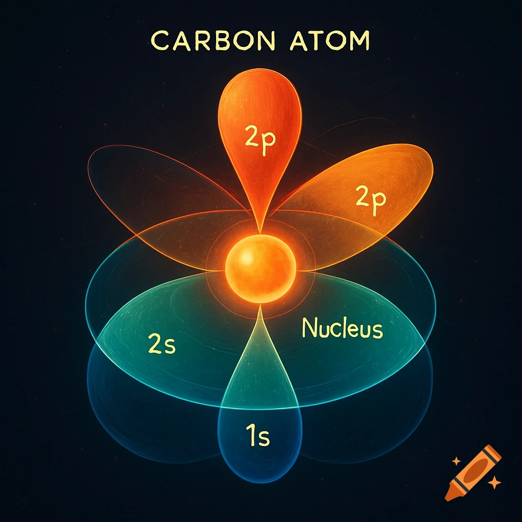 A vibrant diagram of a carbon atom, showing its central nucleus and surrounding 1s, 2s, and 2p electron orbitals in glowing orange, green, and blue hues on a dark background.