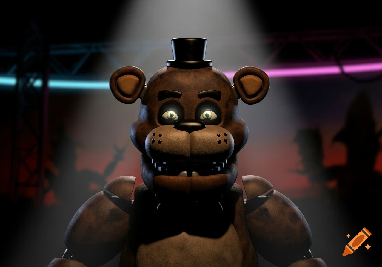 Close-up of Freddy Fazbear, a brown animatronic bear in a top hat under spotlights on a dark stage.