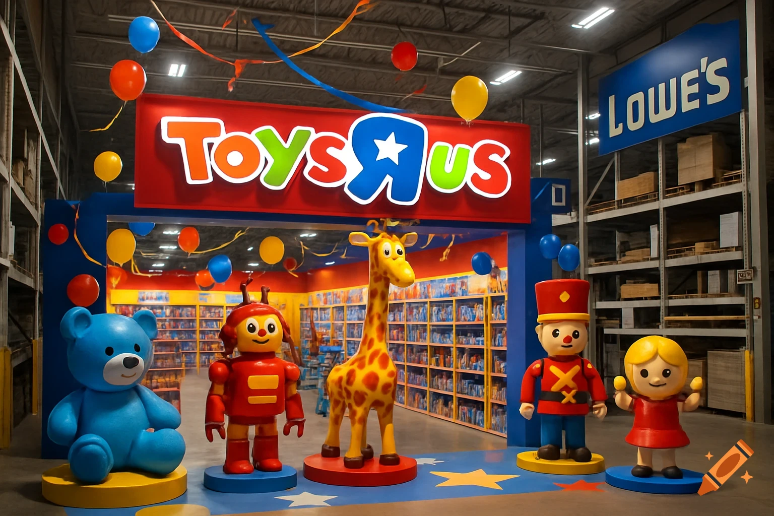 A colorful Toys R Us pop-up store entrance with giant toy figures (bear, robot, giraffe, nutcracker, girl) inside a Lowe's warehouse.