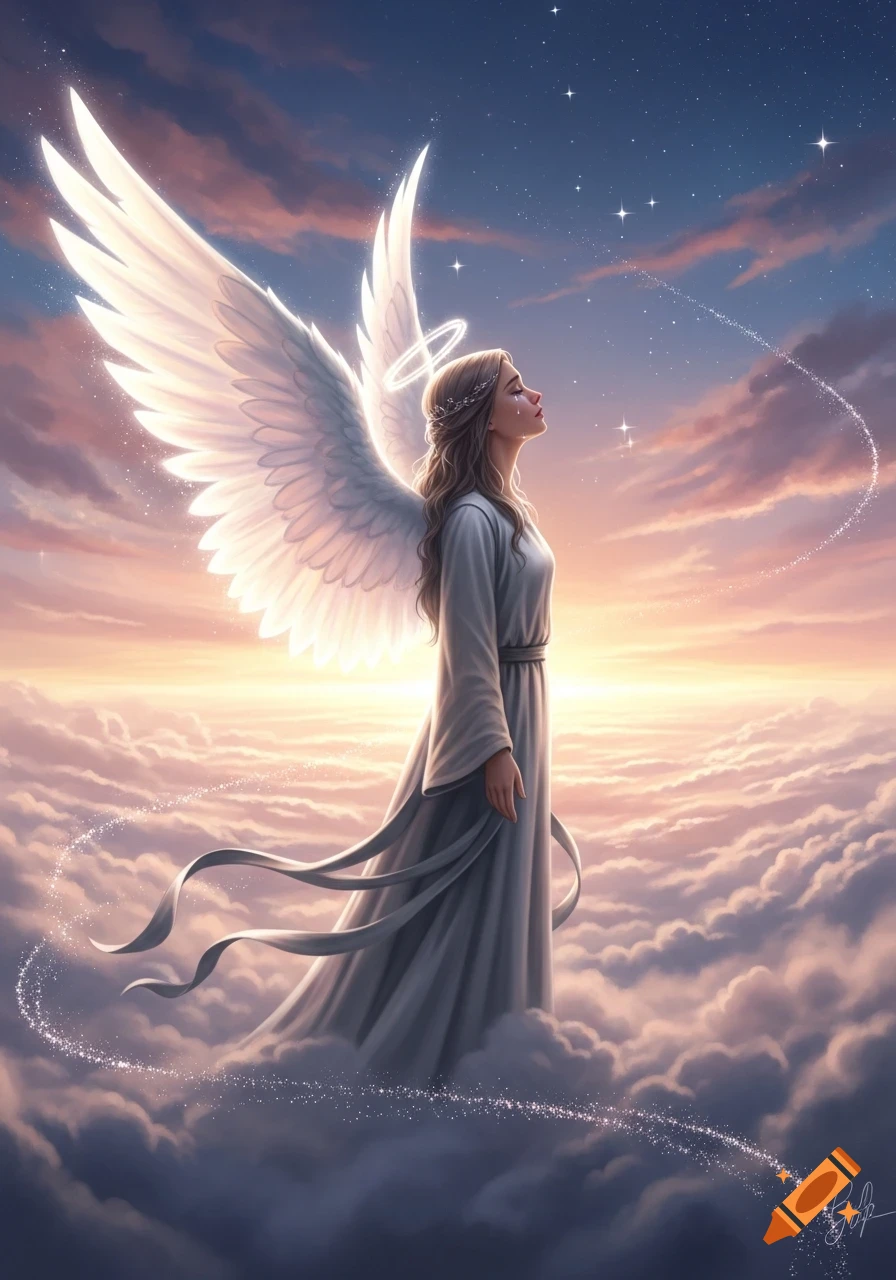 An ethereal angel with white wings and a halo stands among clouds at sunset, looking up with a serene expression.