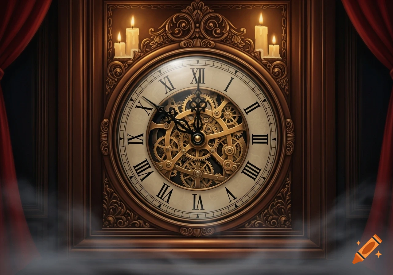 Ornate antique wooden clock with visible brass gears, Roman numerals, and lit candles, flanked by red curtains.