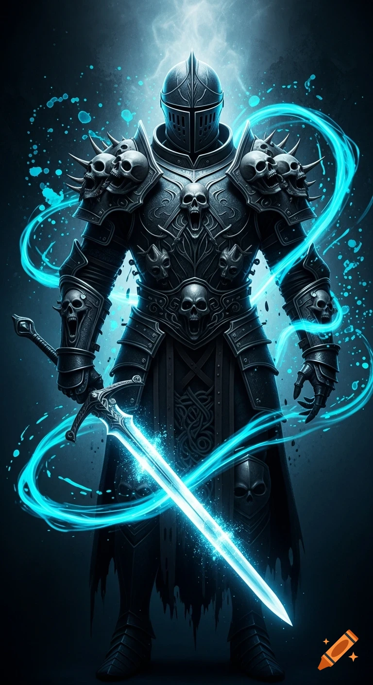 A spectral knight in dark, skull-adorned armor holds a glowing blue sword, surrounded by blue light in a dramatic fantasy art style.