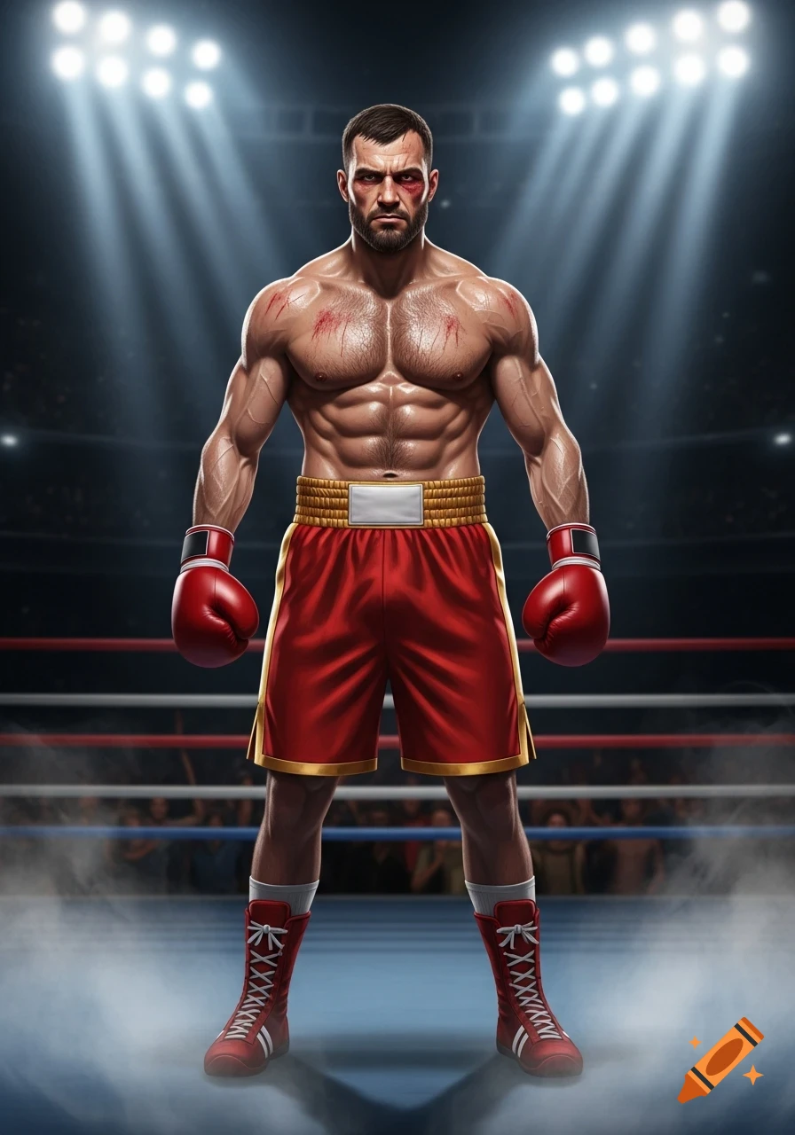 A muscular boxer with a black eye and scratches stands in a ring under bright spotlights, wearing red shorts and gloves.