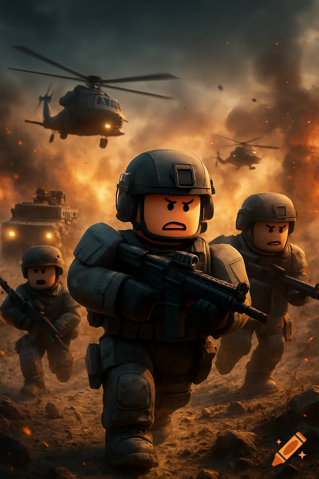 Roblox-style soldiers in tactical gear run across a smoky battlefield with helicopters and an armored vehicle, dramatic game art.