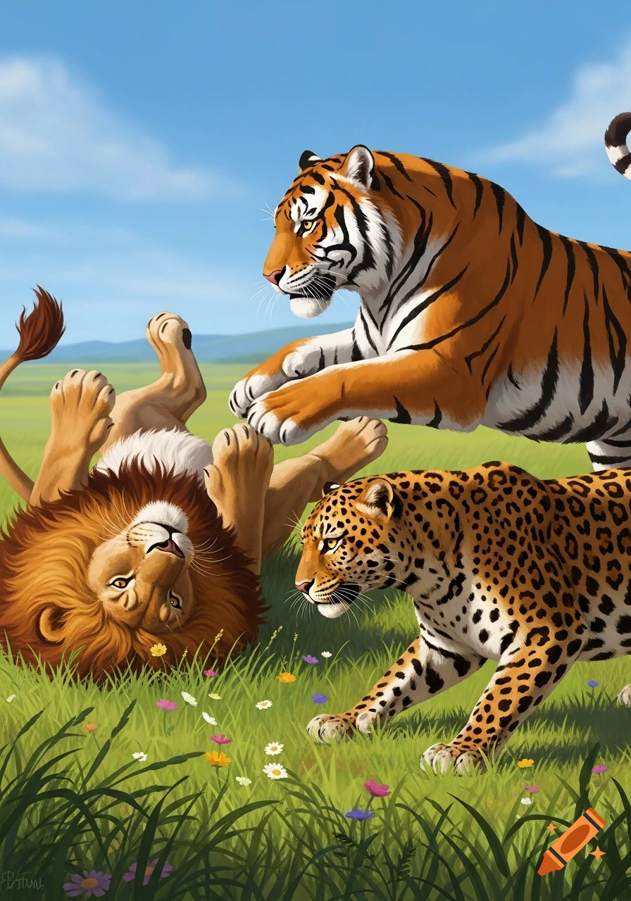 A cartoonish lion, tiger, and leopard play together in a grassy field with colorful flowers under a blue sky.