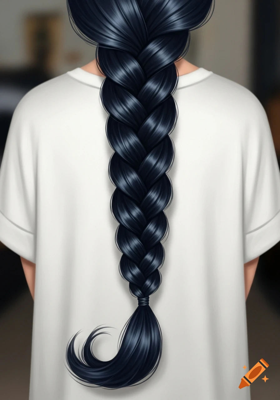 Digital illustration of a person's back, featuring a long, thick, shiny black hair braid styled over a white t-shirt.