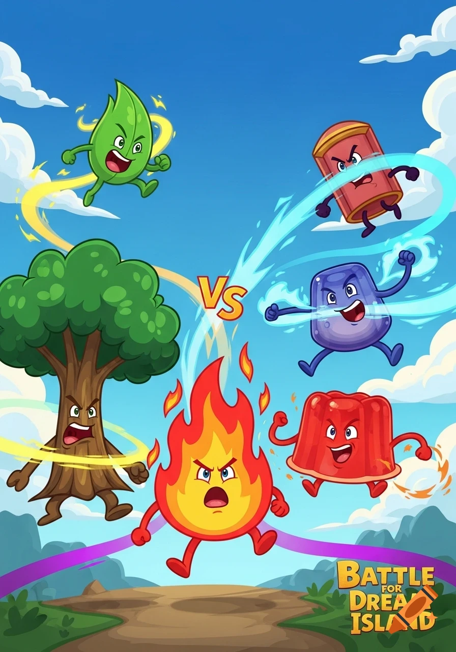 Cartoon characters representing a leaf, tree, fire, can, jelly, and purple blob battle under a blue sky, with 'Battle for Dream Island' logo.