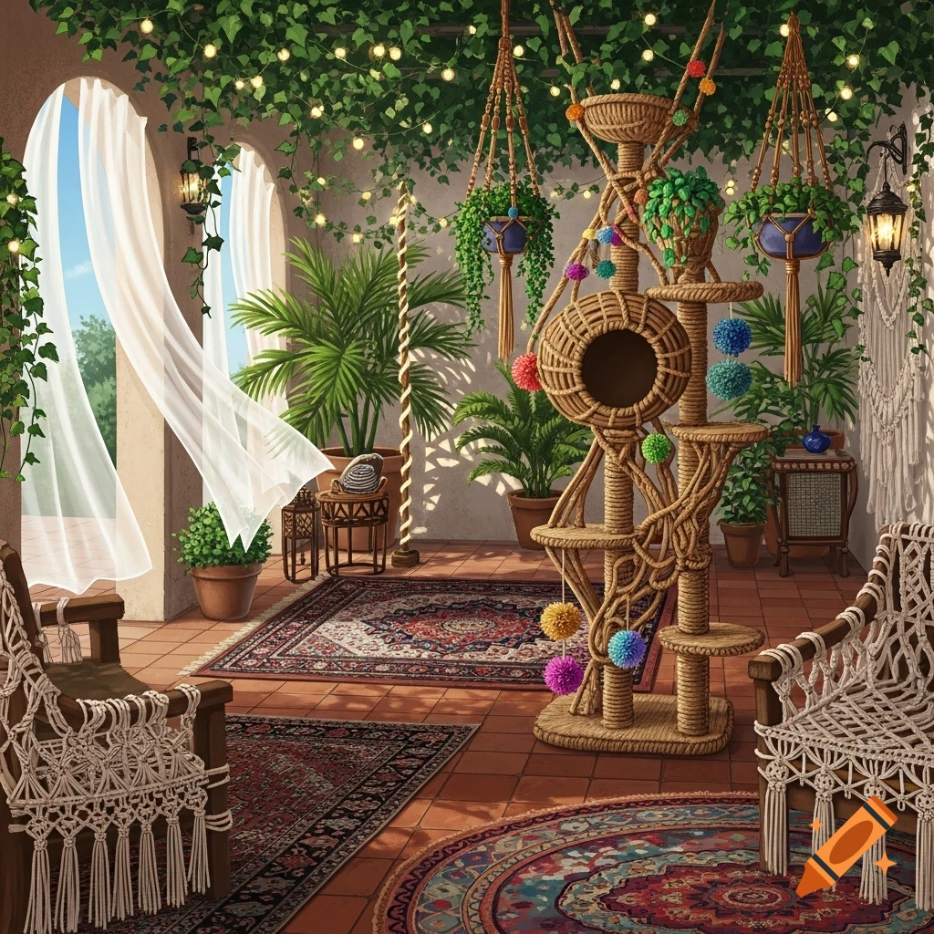 A vibrant bohemian patio with arched windows, lush hanging plants, ornate rugs, and a multi-level woven cat tree.