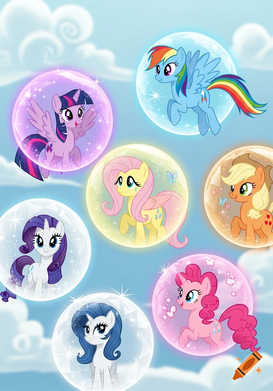 Seven colorful cartoon ponies, each floating inside a sparkling bubble, set against a bright blue sky with fluffy white clouds.