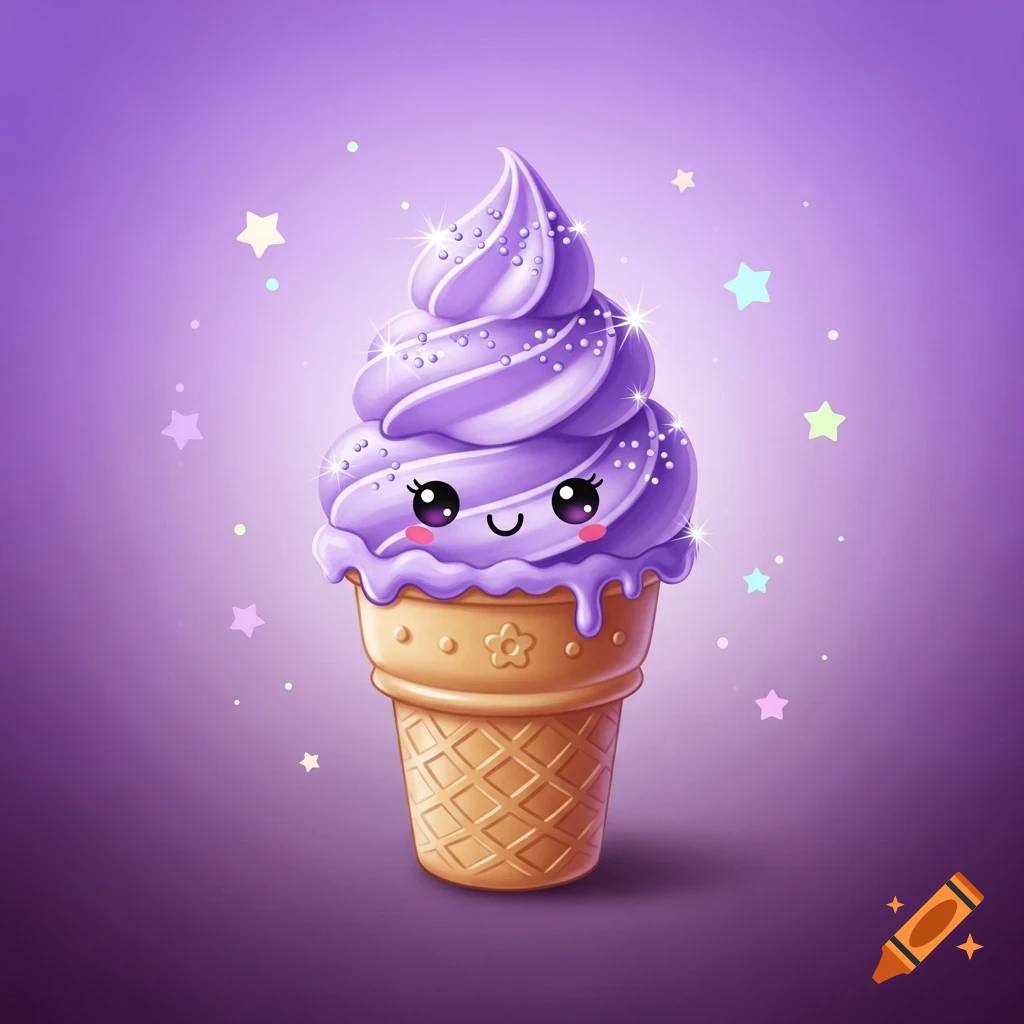 Kawaii purple swirl ice cream cone with sprinkles, a cute face, and sparkles on a purple background with stars. Illustration.