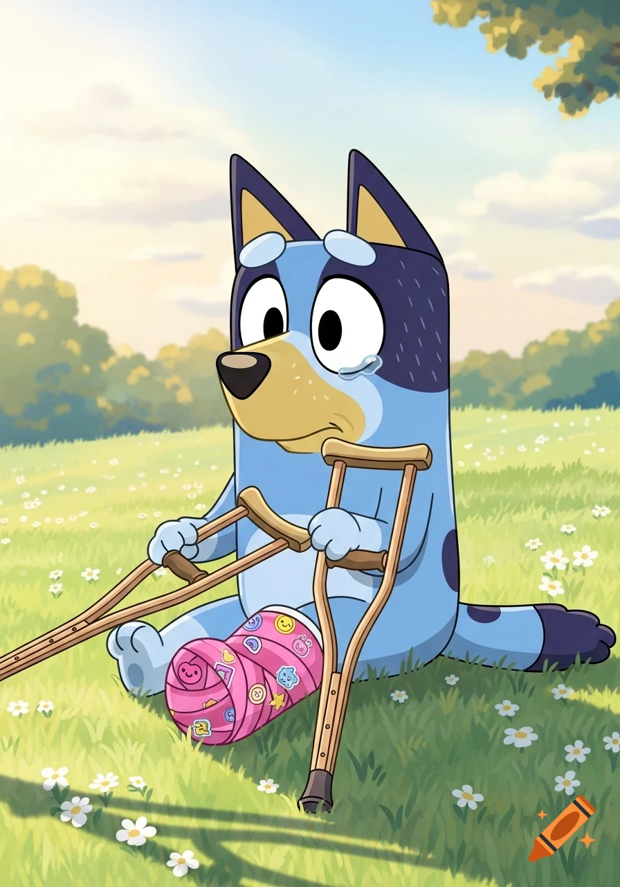 A sad 2D cartoon Bluey Heeler crying, sitting in a grassy field, holding crutches, and wearing a pink leg cast.
