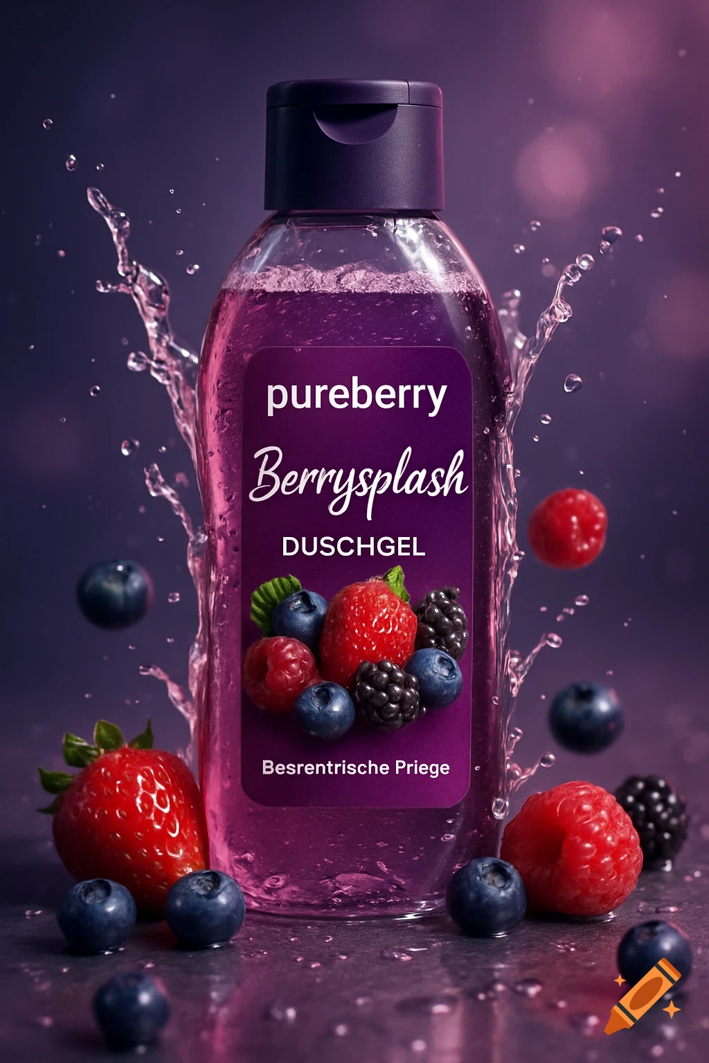 Photorealistic image of a 'pureberry Berrysplash' shower gel bottle, surrounded by water splashes and various fresh berries, against a blurred purple background.