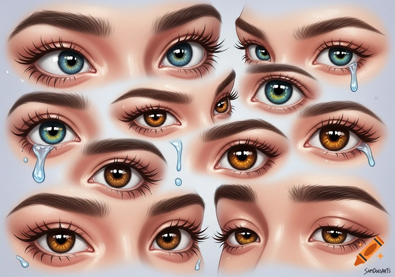 A stylized illustration featuring a collage of multiple human eyes with diverse iris colors, some shedding tears.