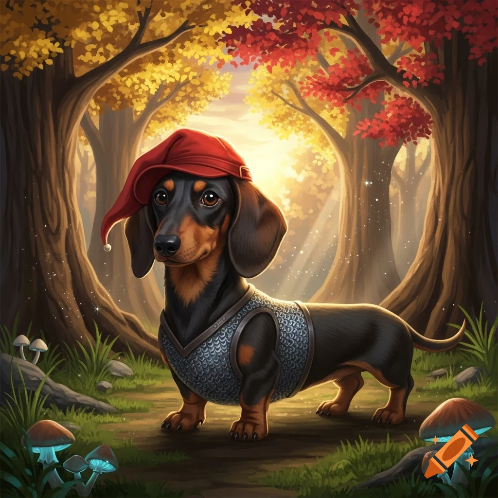 A whimsical dachshund dog in a red hat and chainmail armor stands in an enchanted autumn forest with glowing mushrooms.