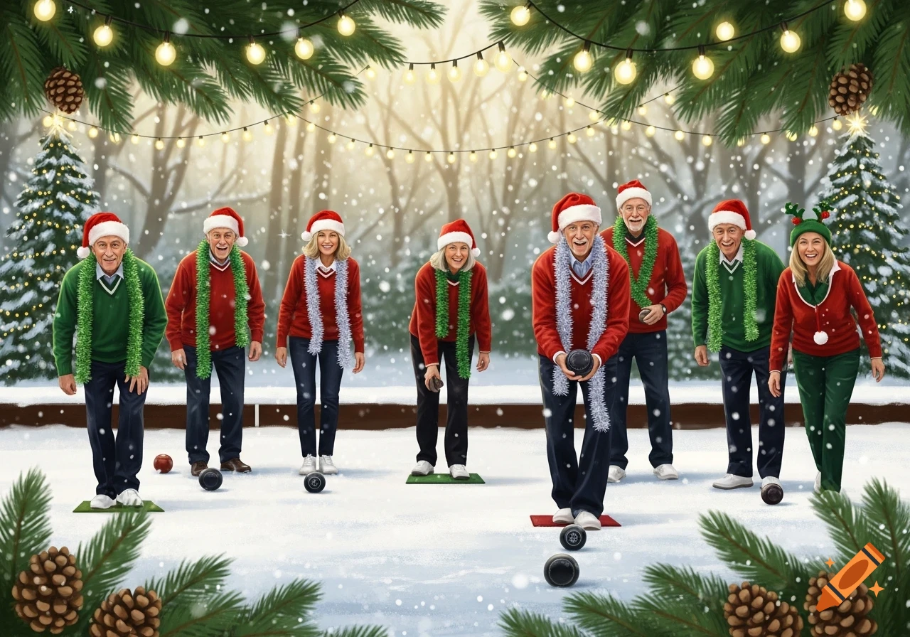 Elderly people in Christmas hats and festive sweaters play bowls on a snowy outdoor lane decorated with pine branches and string lights.