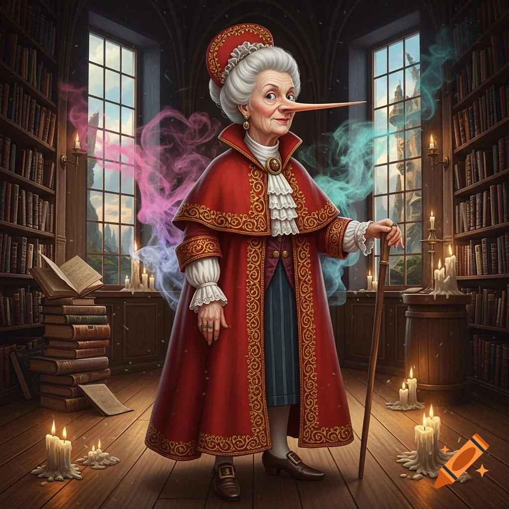 An older woman with a very long nose, wearing a red and gold ornate coat, stands with a cane in a candlelit library, with colorful smoke around her.