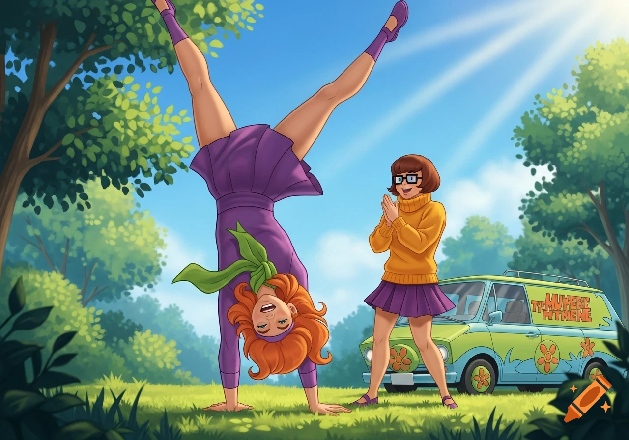 Daphne from Scooby-Doo does a handstand in a sunny field while Velma claps, the Mystery Machine parked nearby in vibrant cartoon art.