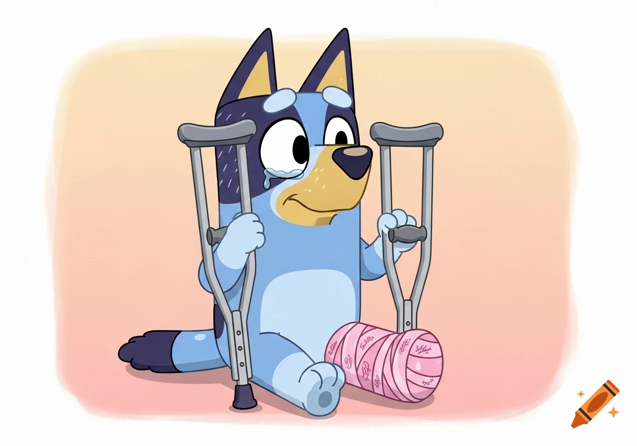 A blue cartoon dog, Bluey, sits crying with a pink leg cast on one leg and holds crutches.