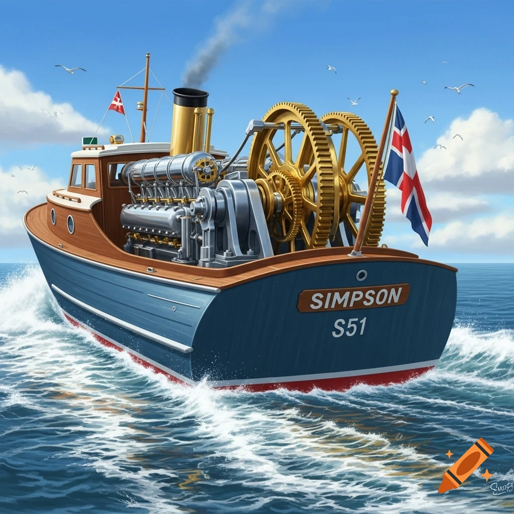 A stylized boat named 'SIMPSON S51' with a prominent diesel engine and golden gears, cutting through blue ocean waves under a sunny sky.