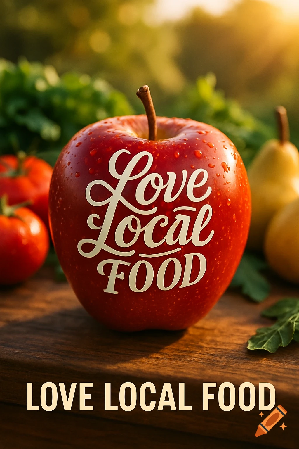 A wet, red apple with 'Love Local FOOD' written on it, surrounded by fresh produce on a wooden board outdoors in sunlight.