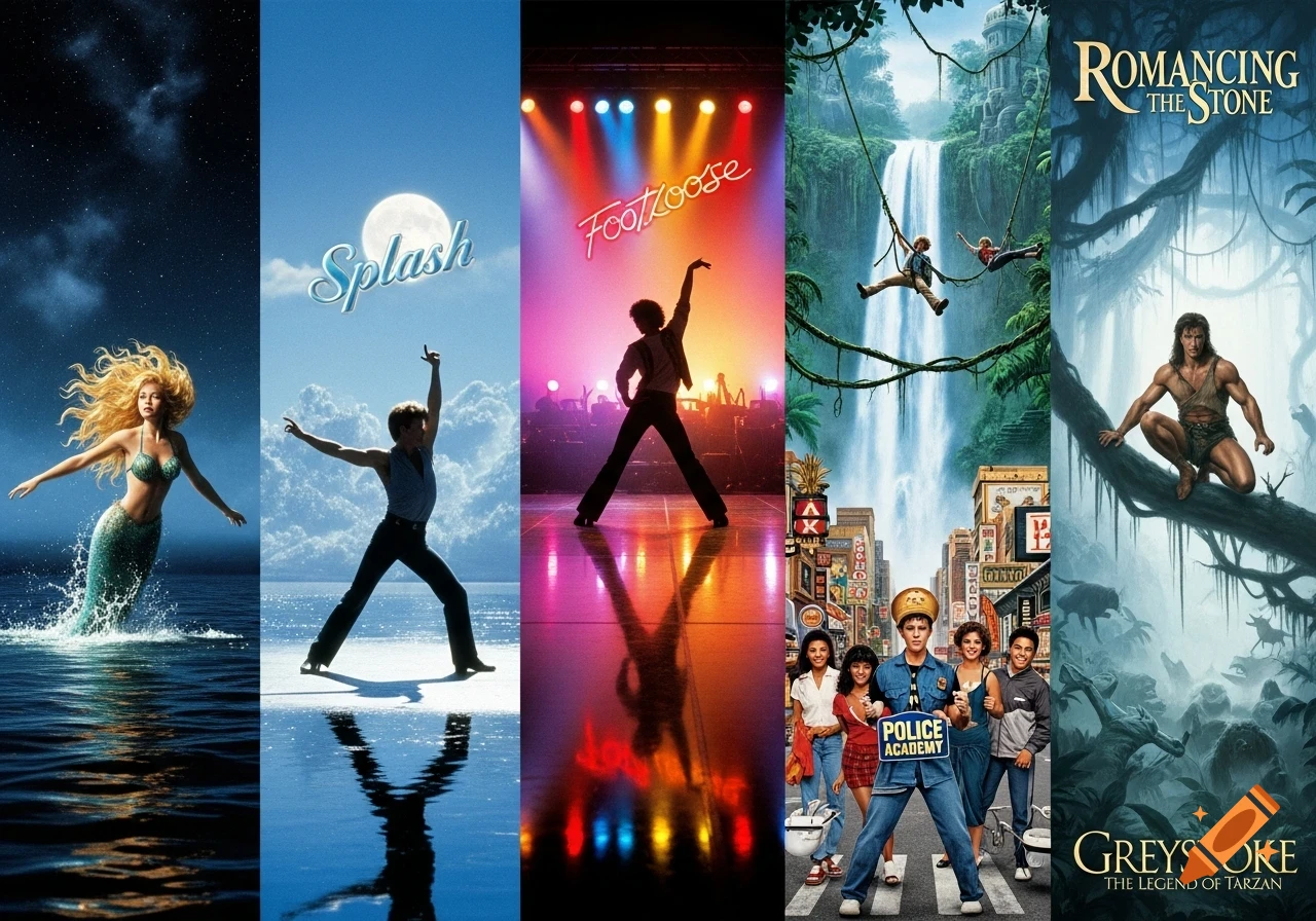 A collage of five movie posters: a mermaid in the ocean for "Splash," a dancer on stage for "Footloose," adventurers by a waterfall for "Romancing the Stone," police academy students, and Tarzan in a jungle for "Greystoke."