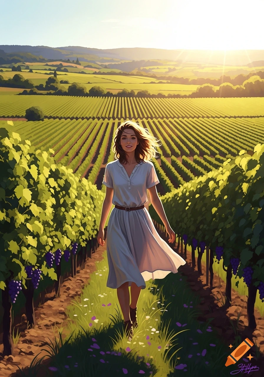 A young woman in a light dress walks through a sunlit vineyard with rows of grapevines stretching into the distance, in an illustrative style.