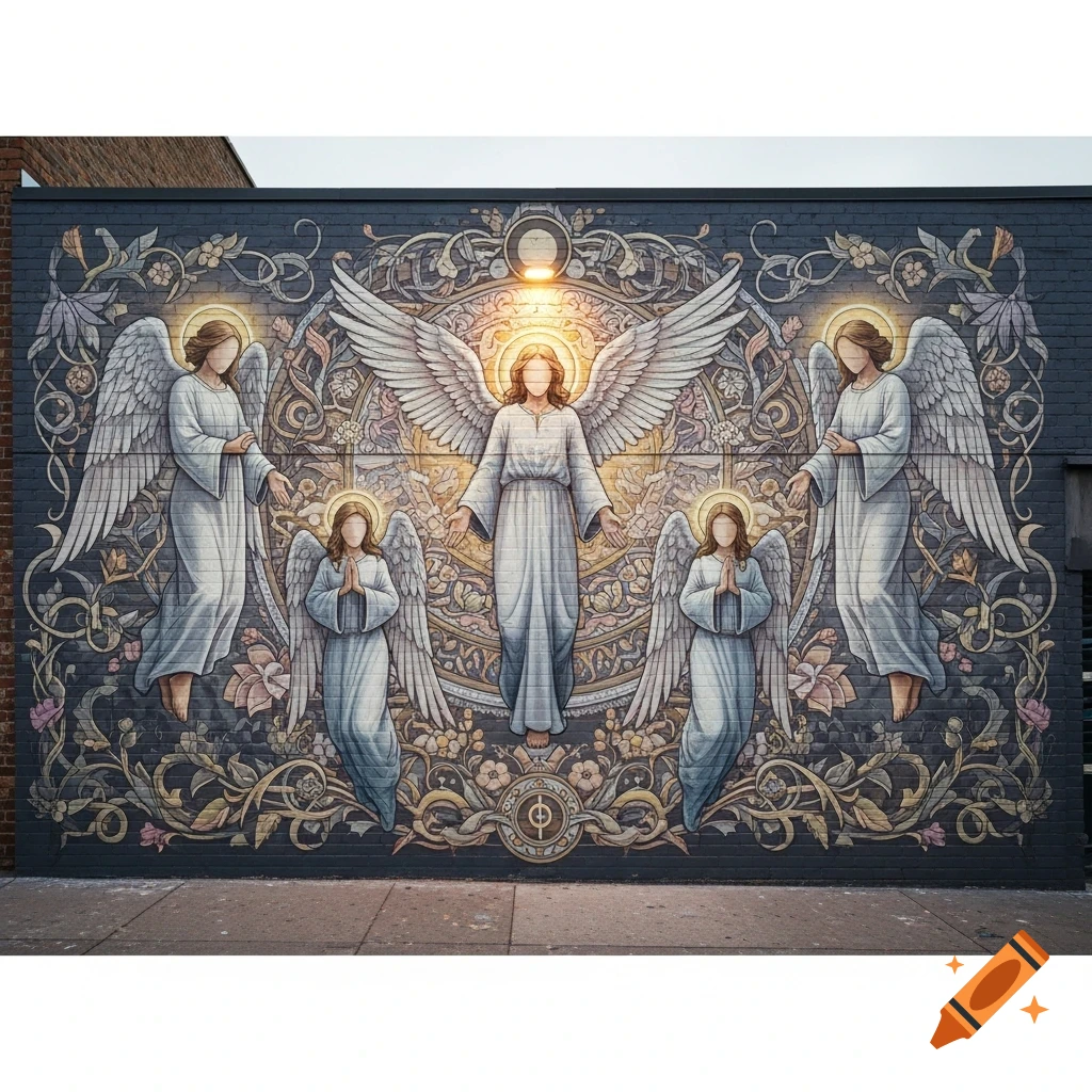 Mural on a brick wall featuring five large-winged angels with blank faces and glowing halos, surrounded by ornate floral patterns.